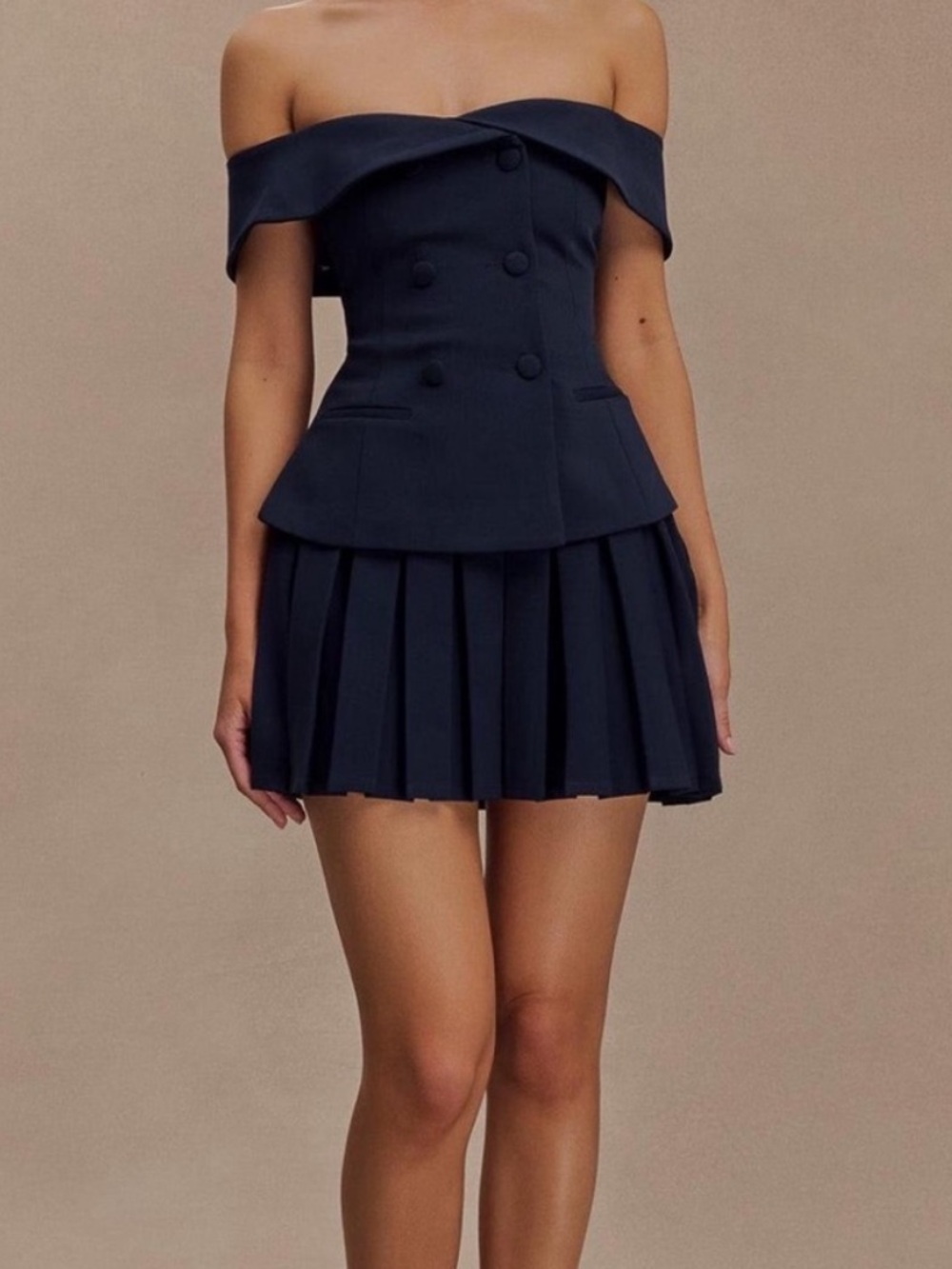 SET Meshki Navy Off-Shoulder Double-Breasted top and midi skirt